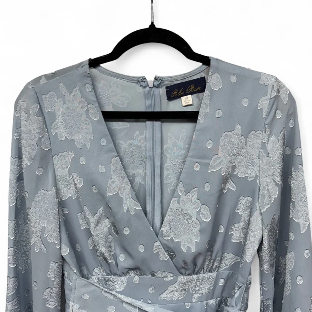 Blue Rain Floral Jacquard Long Sleeve Romper - Dusty Blue - Size Medium - Picture 5 of 10